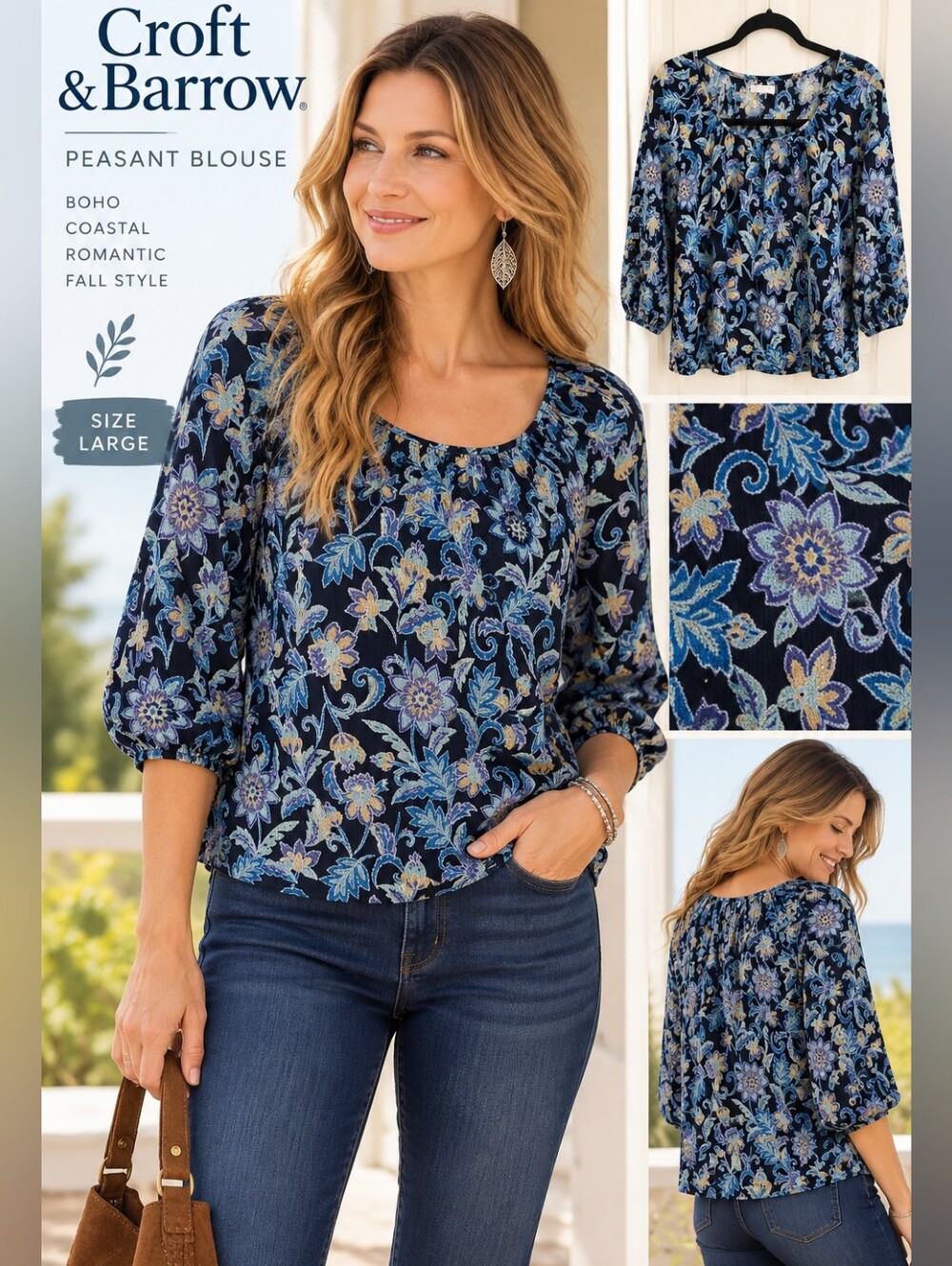NWOT L Croft & Barrow Navy Blue Floral Peasant Blouse Large Boho Fall